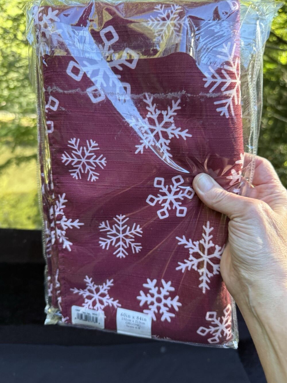 Printed Fabric Tablecloth, 60" x 84” Oblong EURO SNOWFLAKES ON RED New